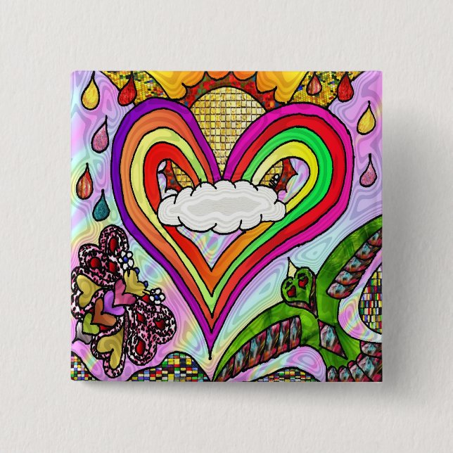 Psychedelic Rainbow Heart Art Print 15 Cm Square Badge (Front)