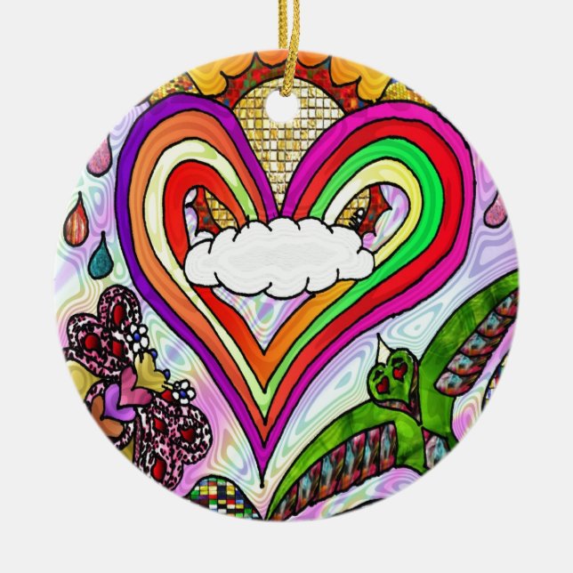 Psychedelic Rainbow Heart Art Print Ceramic Tree Decoration (Front)