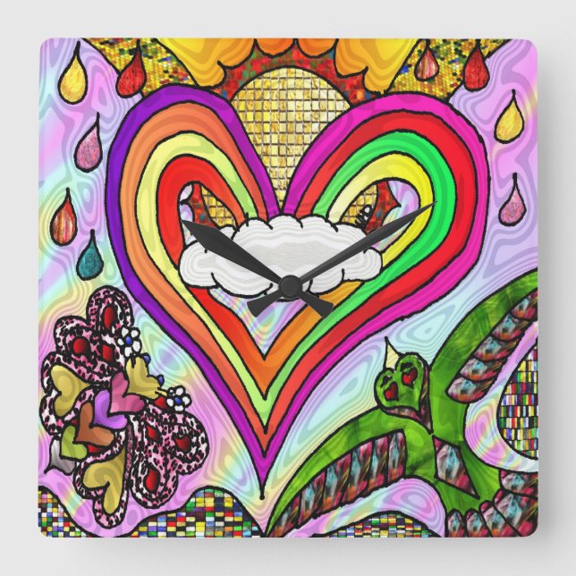 Psychedelic Rainbow Heart Art Print Square Wall Clock (Front)