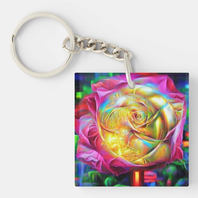 Psychedelic Rainbow Rose Key Ring (Front)
