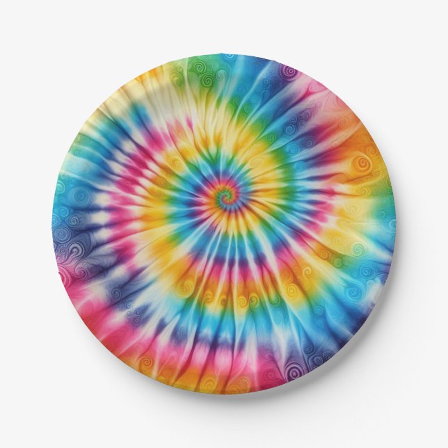 Psychedelic Rainbow Tie-Dye Retro Paper Plates (Front)