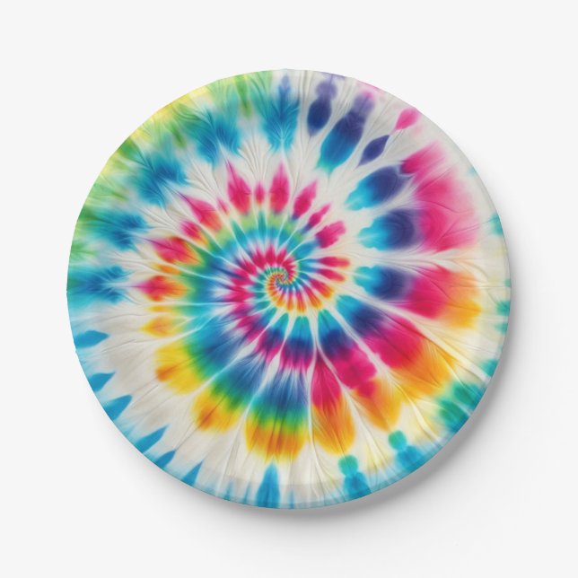 Psychedelic Rainbow Tie-Dye Retro Paper Plates (Front)