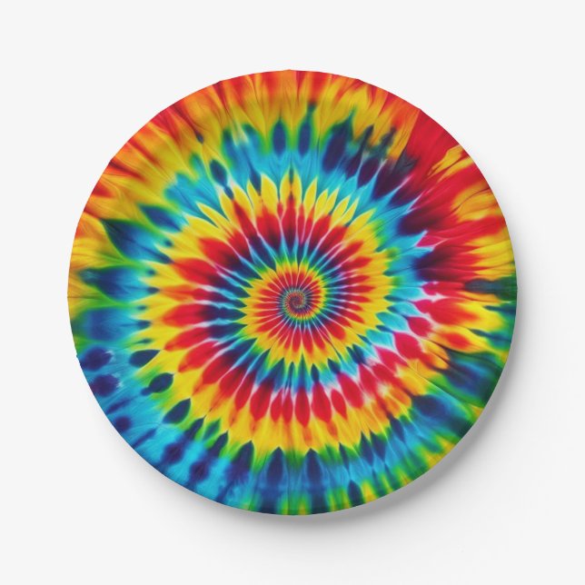 Psychedelic Rainbow Tie-Dye Retro Paper Plates (Front)