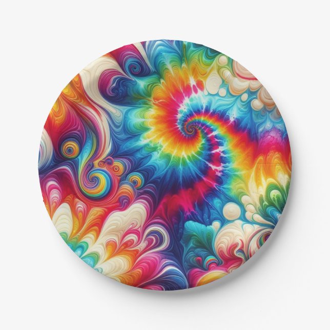 Psychedelic Rainbow Tie-Dye Retro Paper Plates (Front)