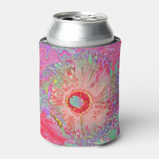 Psychedelic Retro Coral Rainbow Hibiscus Can Cooler (Can Front)