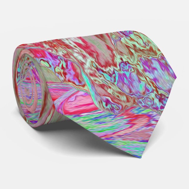 Psychedelic Retro Coral Rainbow Hibiscus Tie (Rolled)