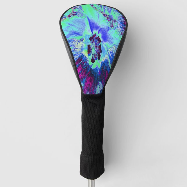 Psychedelic Retro Green and Blue Hibiscus Flower Golf Head Cover (Front)