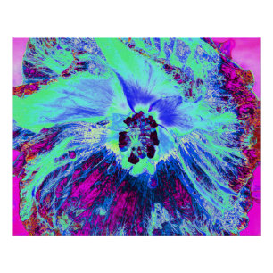Psychedelic Retro Green and Blue Hibiscus Flower Poster