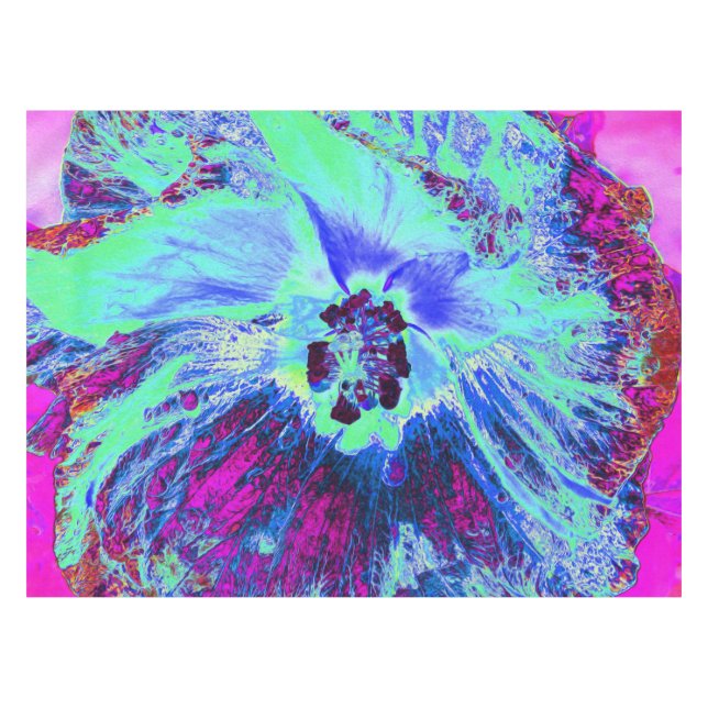 Psychedelic Retro Green and Blue Hibiscus Flower Tablecloth (Front (Horizontal))