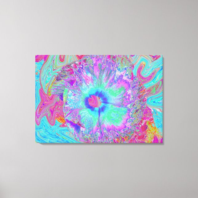 Psychedelic Retro Rainbow Blue Hibiscus Canvas Print (Front)