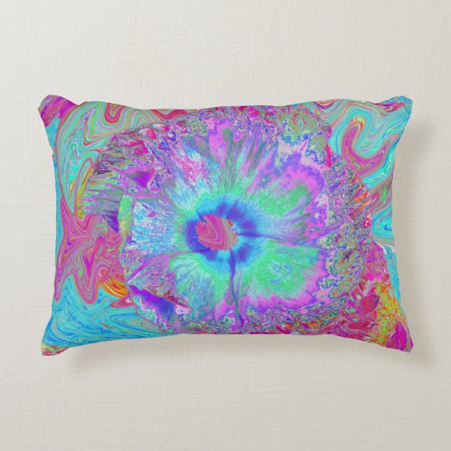 Psychedelic Retro Rainbow Blue Hibiscus Decorative Cushion (Front)