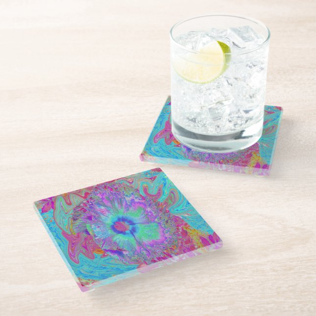 Psychedelic Retro Rainbow Blue Hibiscus Glass Coaster (Angled)