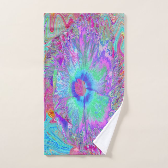 Psychedelic Retro Rainbow Blue Hibiscus Hand Towel (Hand Towel)