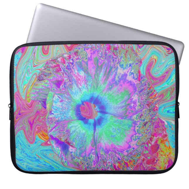 Psychedelic Retro Rainbow Blue Hibiscus Laptop Sleeve (Front)