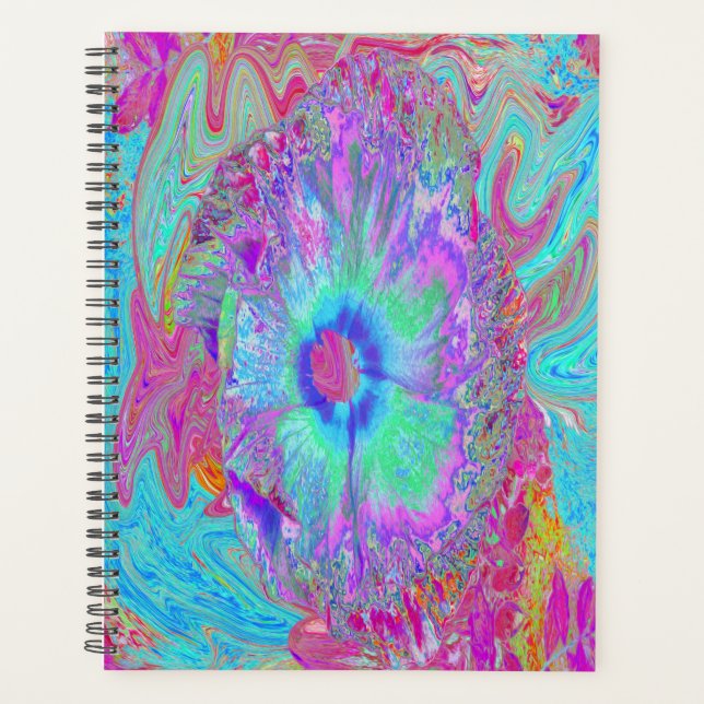 Psychedelic Retro Rainbow Blue Hibiscus Planner (Front)