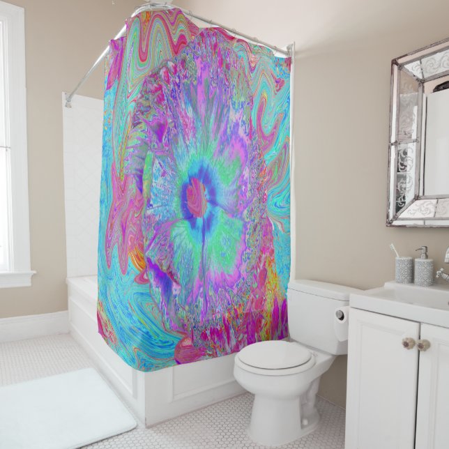 Psychedelic Retro Rainbow Blue Hibiscus Shower Curtain (In Situ)