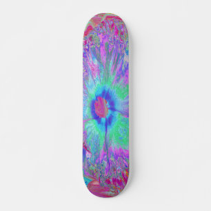 Psychedelic Retro Rainbow Blue Hibiscus Skateboard