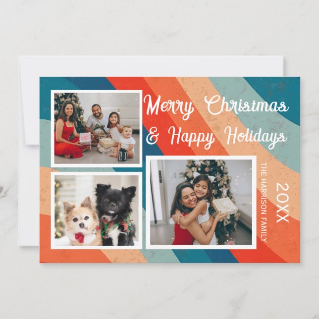 Psychedelic Retro Wave Three Photos Christmas Holiday Card (Front)