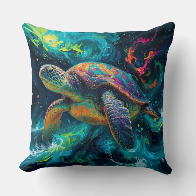 Psychedelic Sea Turtle in Abstract Ocean Cushion (Front)