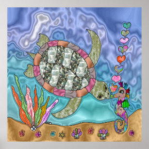 Psychedelic Sea Turtle Seahorse Art Ceramic Tile Poster