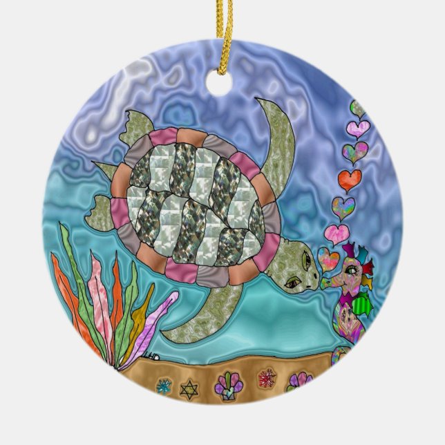 Psychedelic Sea Turtle Seahorse Art Ceramic Tree Decoration (Front)