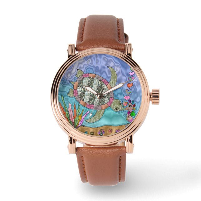 Psychedelic Sea Turtle Seahorse Art Designer Watch (Front)
