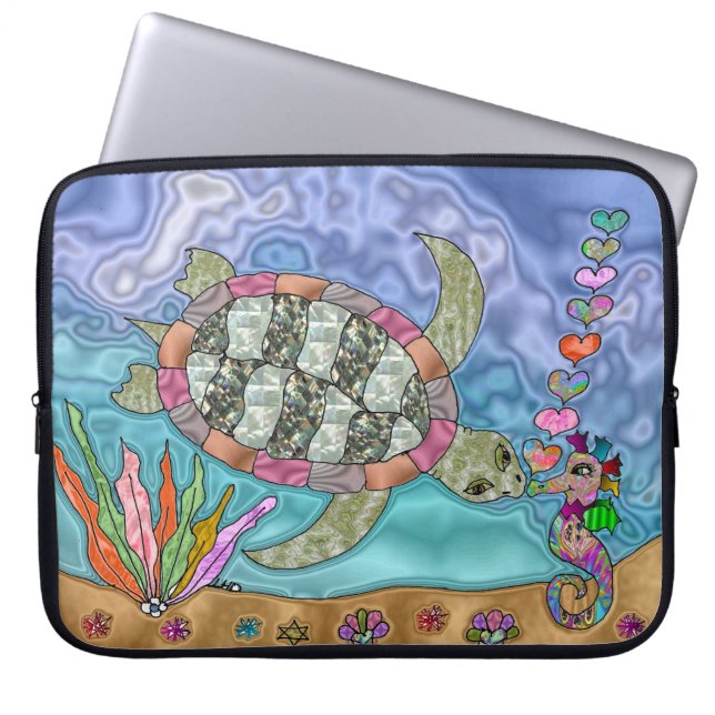 Psychedelic Sea Turtle Seahorse Art Laptop Sleeve (Front)