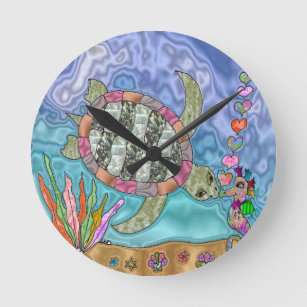 Psychedelic Sea Turtle Seahorse Art Round Clock