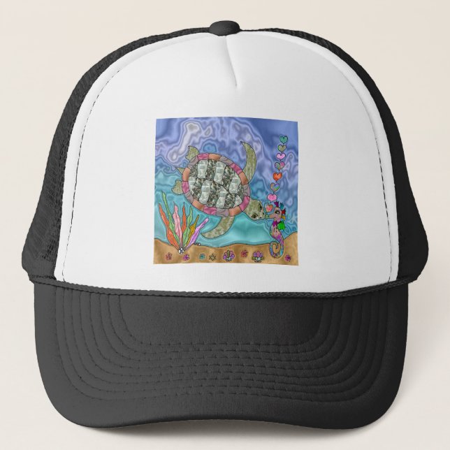 Psychedelic Sea Turtle Seahorse Art Trucker Hat (Front)