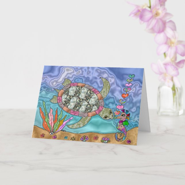 Psychedelic Sea Turtle Seahorse Kiss Art Card (Orchid)
