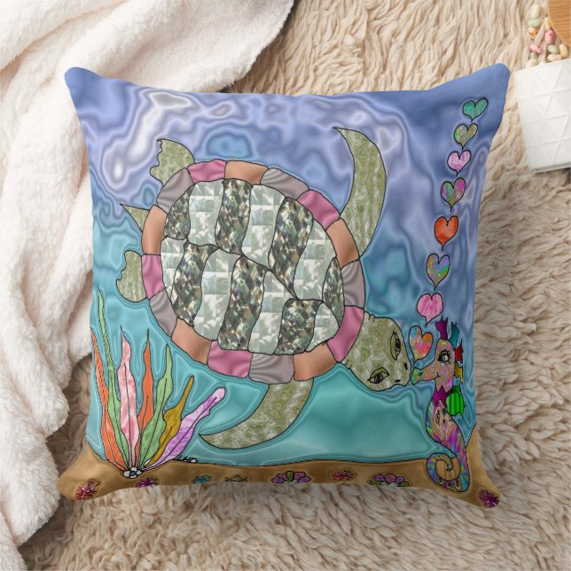 Psychedelic Sea Turtle Seahorse Kiss Cushion (Blanket)