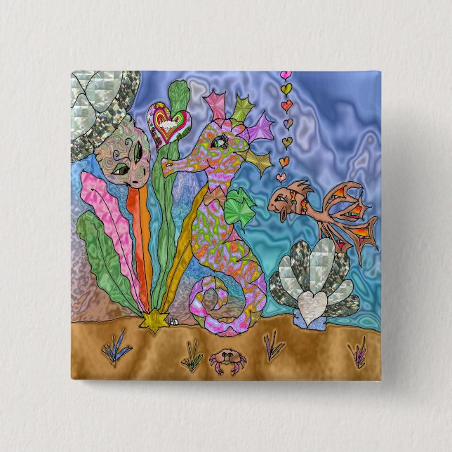 Psychedelic Seahorse Sea Turtle Art 15 Cm Square Badge (Front)