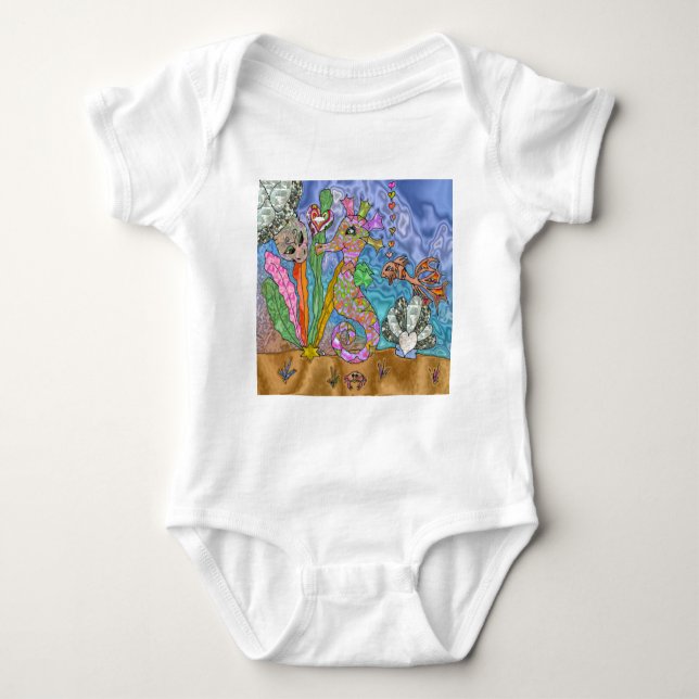 Psychedelic Seahorse Sea Turtle Art Baby Bodysuit (Front)