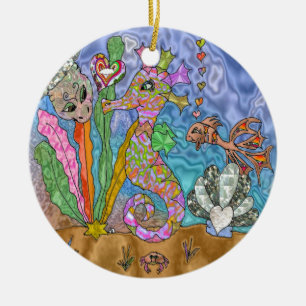 Psychedelic Seahorse Sea Turtle Art Ceramic Tree Decoration