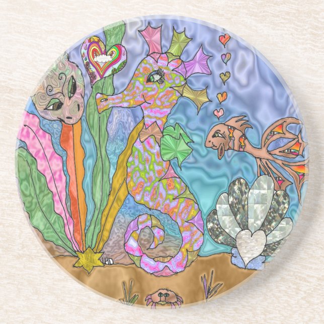 Psychedelic Seahorse Sea Turtle Art Coaster (Front)