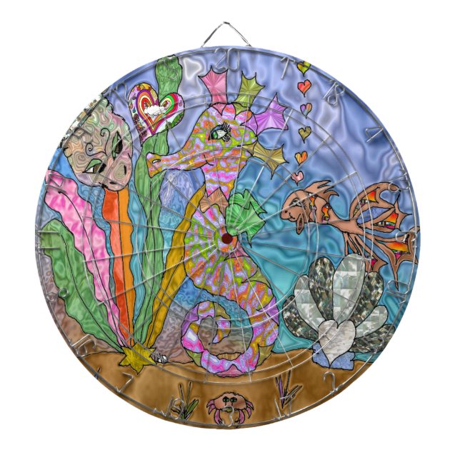 Psychedelic Seahorse Sea Turtle Art Dartboard (Front)