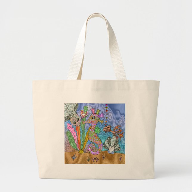Psychedelic Seahorse Sea Turtle Art Large Tote Bag (Front)