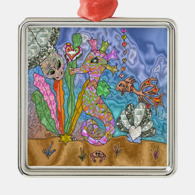 Psychedelic Seahorse Sea Turtle Art Metal Tree Decoration (Front)