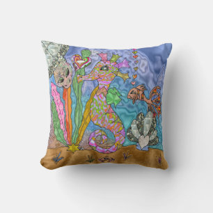 Psychedelic Seahorse Sea Turtle Art Pillow