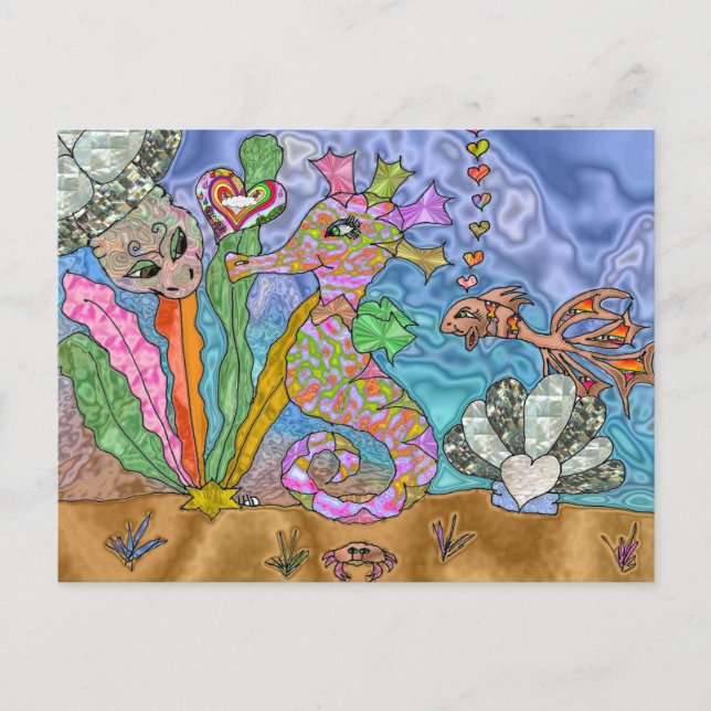 Psychedelic Seahorse Sea Turtle Art Postcard (Front)
