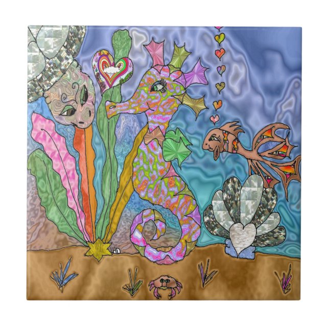 Psychedelic Seahorse Sea Turtle Art Tile (Front)