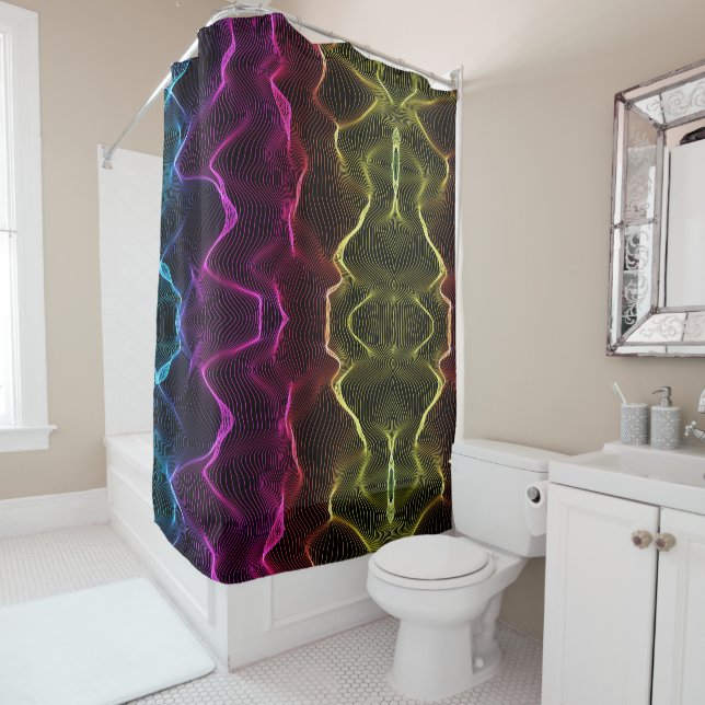 Psychedelic shower curtain with vibrant neon waves (In Situ)