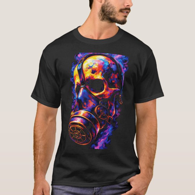 Psychedelic Skull Gas Mask Flame Vortex T-Shirt (Front)