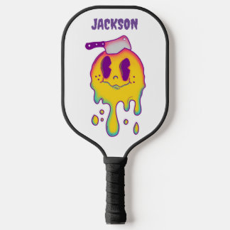 psychedelic smiley and skull custom name picklebal pickleball paddle