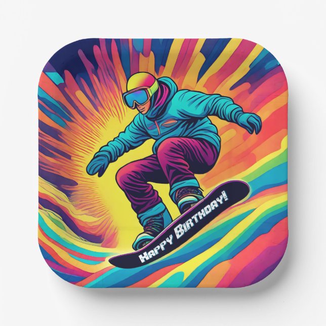 Psychedelic Snowboarder Birthday Paper Plate (Front)