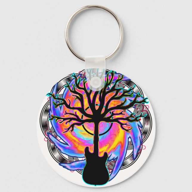 "Psychedelic Sonic Cyclone" surreal guitar art Key Ring (Front)