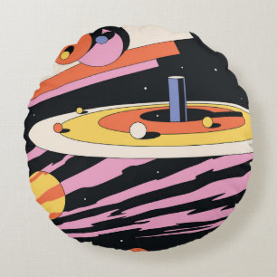 Psychedelic Space: 70s Geometric Shapes Round Cushion