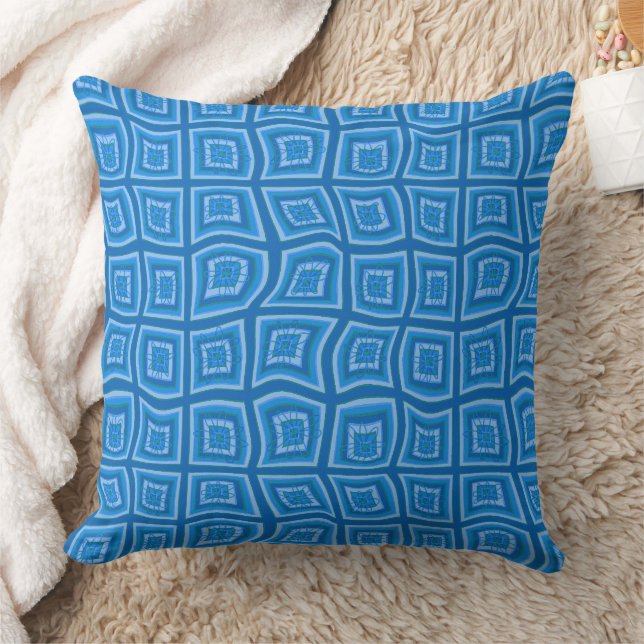 Psychedelic Square Prisms Check Blue Floral Cushion (Blanket)