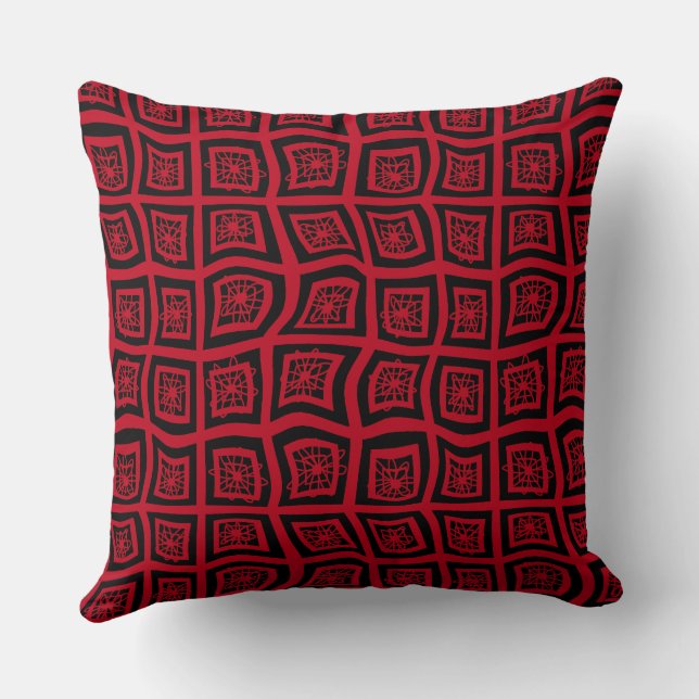 Psychedelic Square Prisms Check Red Black Floral Cushion (Back)