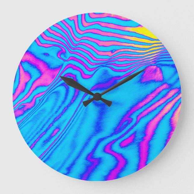 Psychedelic Striped Zebra: Neon Fluorescent Backgr Large Clock (Front)